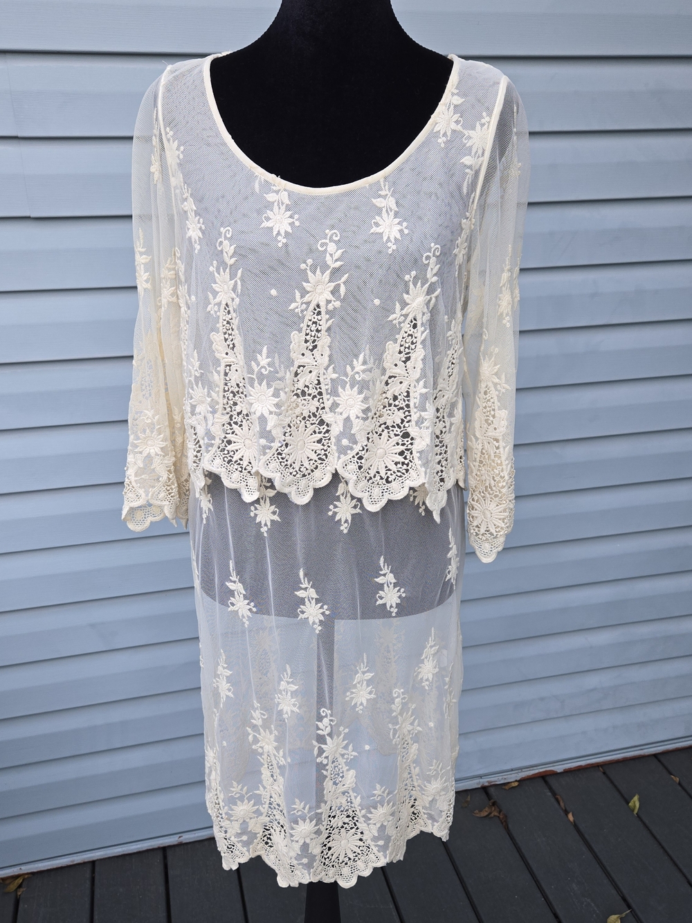 Zara Basic Cream Beige Sheer Mesh Floral Lace Embroidered Overlay Dress Medium